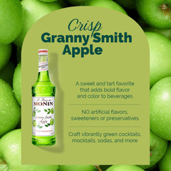 Monin Granny Smith Apple Syrup in a cocktail glass adds tart-sweet flavor to drinks.