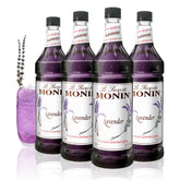Monin Lavender Syrup bottle front enhances beverages with floral aroma.