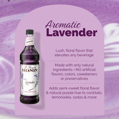 Monin Lavender Syrup bottle on lemonade, adds color and subtle floral taste.