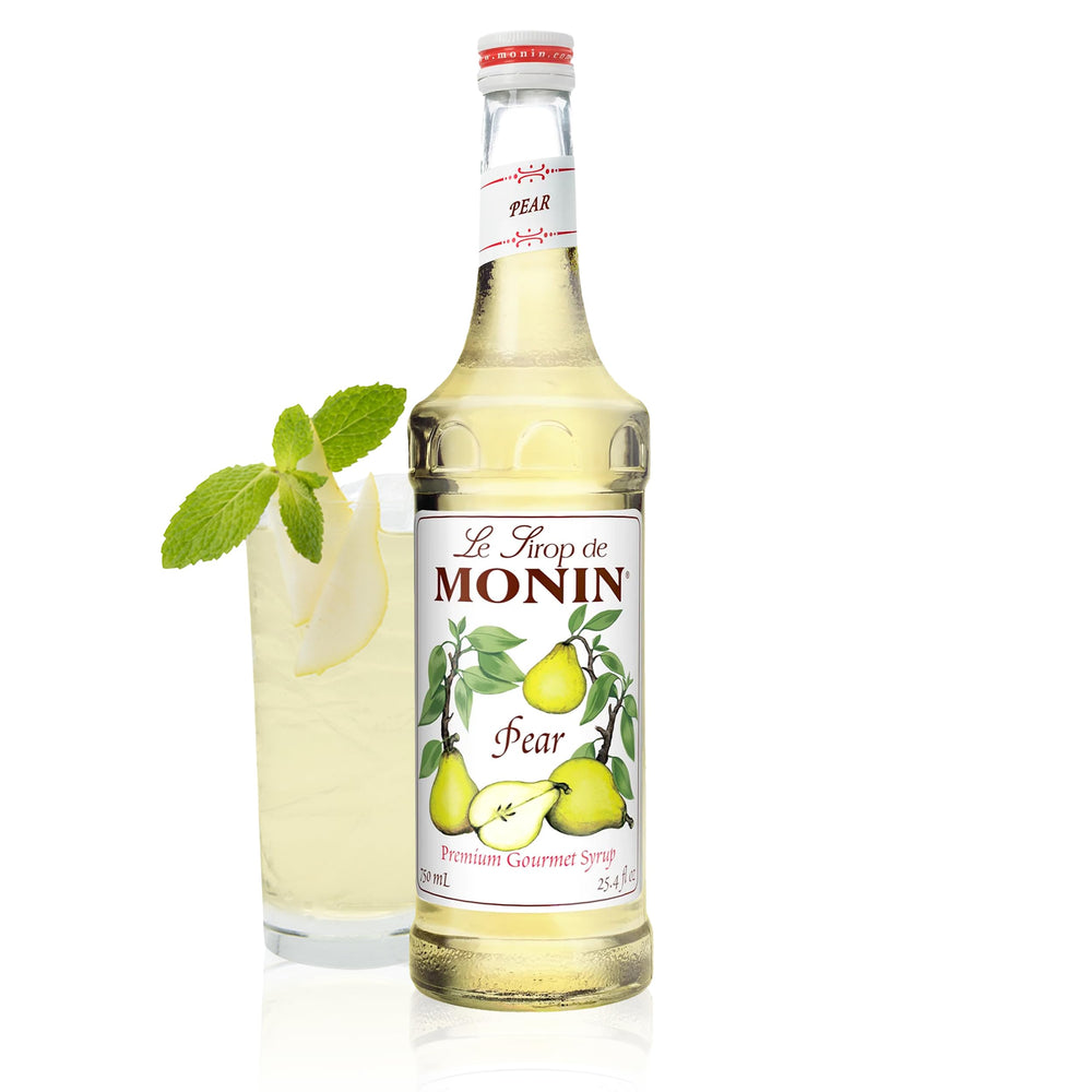 Monin Pear Syrup bottle highlights natural flavor for drinks and desserts.