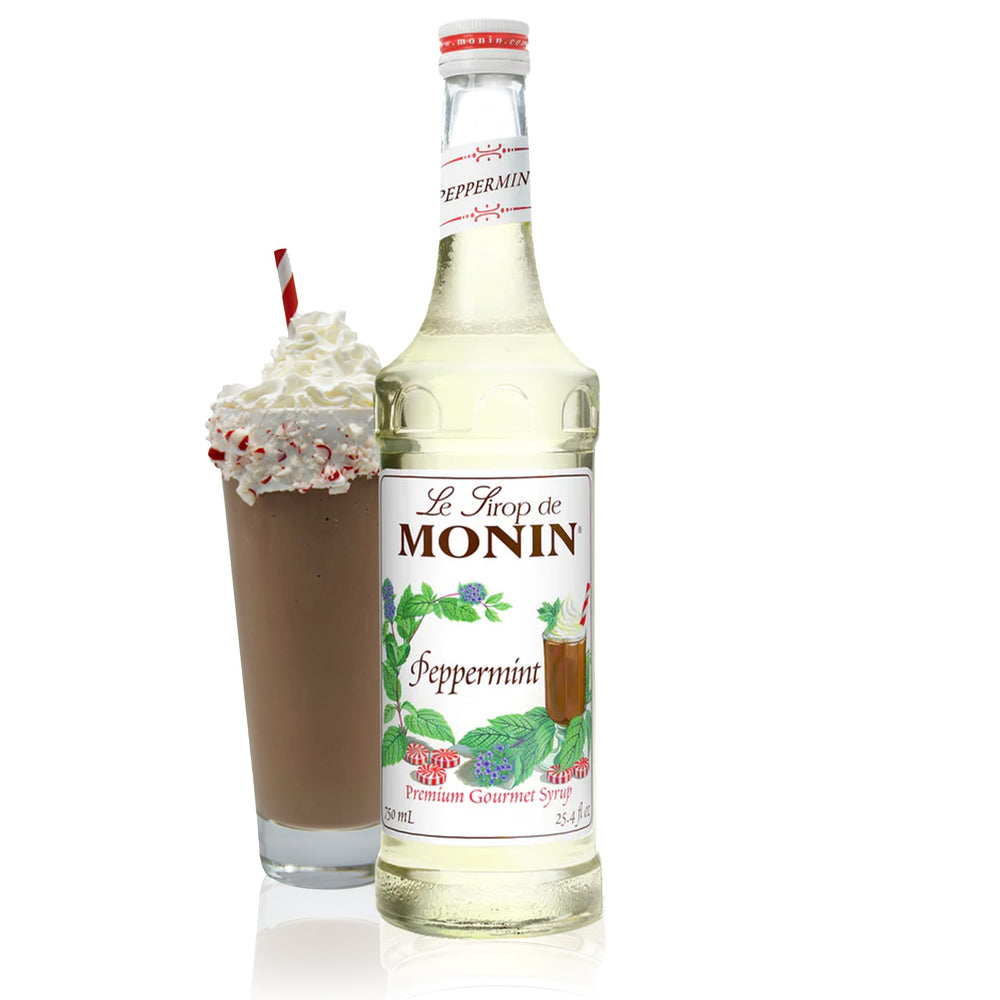 Monin Peppermint Syrup bottle front with clean label and non-GMO promise.