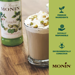 Monin Pistachio Syrup drizzle atop dessert for a rich finish