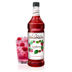 Monin Raspberry Syrup bottle for cocktails and beverages.