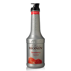 Monin Strawberry Purée bottle highlighting real fruit flavor for cocktails and sodas.