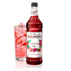 Monin Strawberry Rose Syrup bottle for elegant lattes and beverages.
