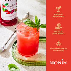 Monin Strawberry Rose Syrup lemonade pour, brightening summer drinks.