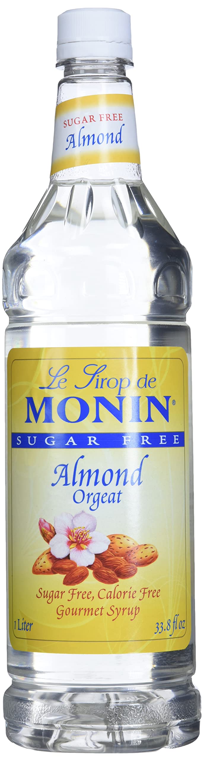 Monin Sugar Free Almond Syrup bottle showcasing subtle almond flavor for coffee and cocktails.