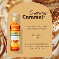 Monin Sugar Free Caramel syrup bottle used as dessert topping