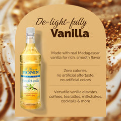 Cocktail glass with Monin sugar-free French vanilla syrup, a versatile flavoring option.