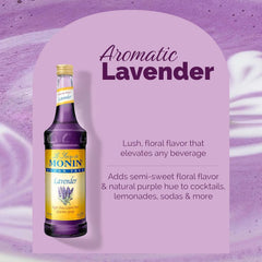 Lavender syrup swirls into a glass, revealing a subtle purple hue.