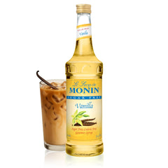 Monin Sugar Free Vanilla Syrup bottle showcasing Madagascar vanilla aroma for coffee