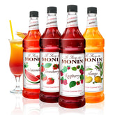 Monin Summer Variety Pack display with four bottles for vibrant cocktails and mocktails.