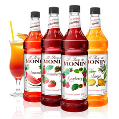 Monin Summer Variety Pack display with four bottles for vibrant cocktails and mocktails.