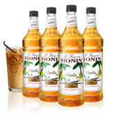 Monin Vanilla Syrup bottle close-up highlighting Madagascar vanilla aroma for coffee.