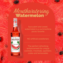 Close-up of Monin Watermelon Syrup label and ingredients.