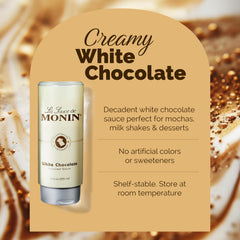Monin White Chocolate Sauce coffee drink drizzle enhances flavor.