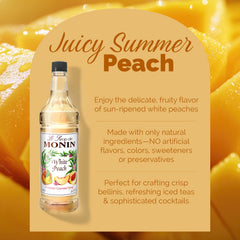 Glass with peach drink made using Monin White Peach Syrup.