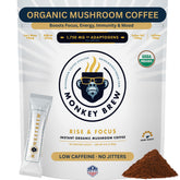 Monkey Brew Rise & Focus packaging on display for organic mushroom coffee; focused mornings