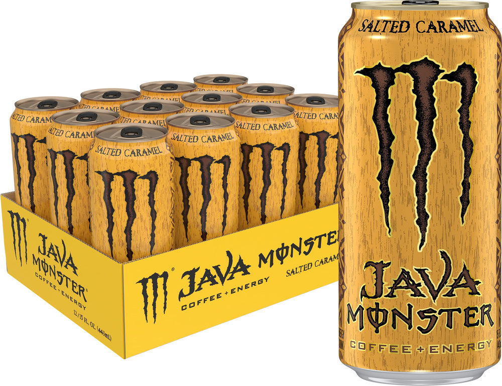 Monster Energy Java Monster Salted Caramel can with gold top showcases premium flavor and energy