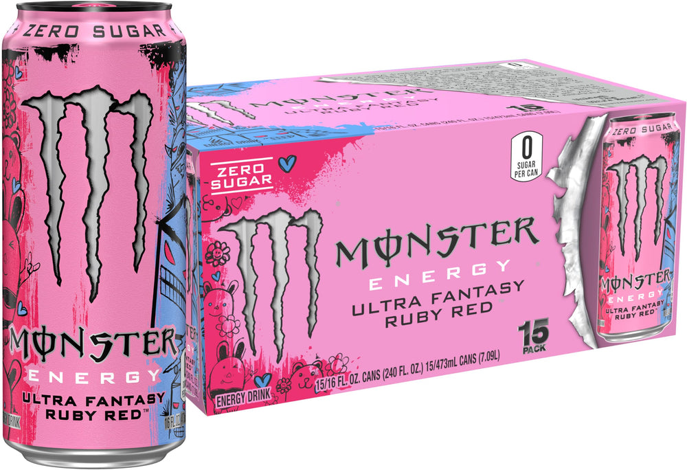 Monster Energy Ultra Fantasy Ruby Red can demonstrates zero sugar and bold citrus flavor