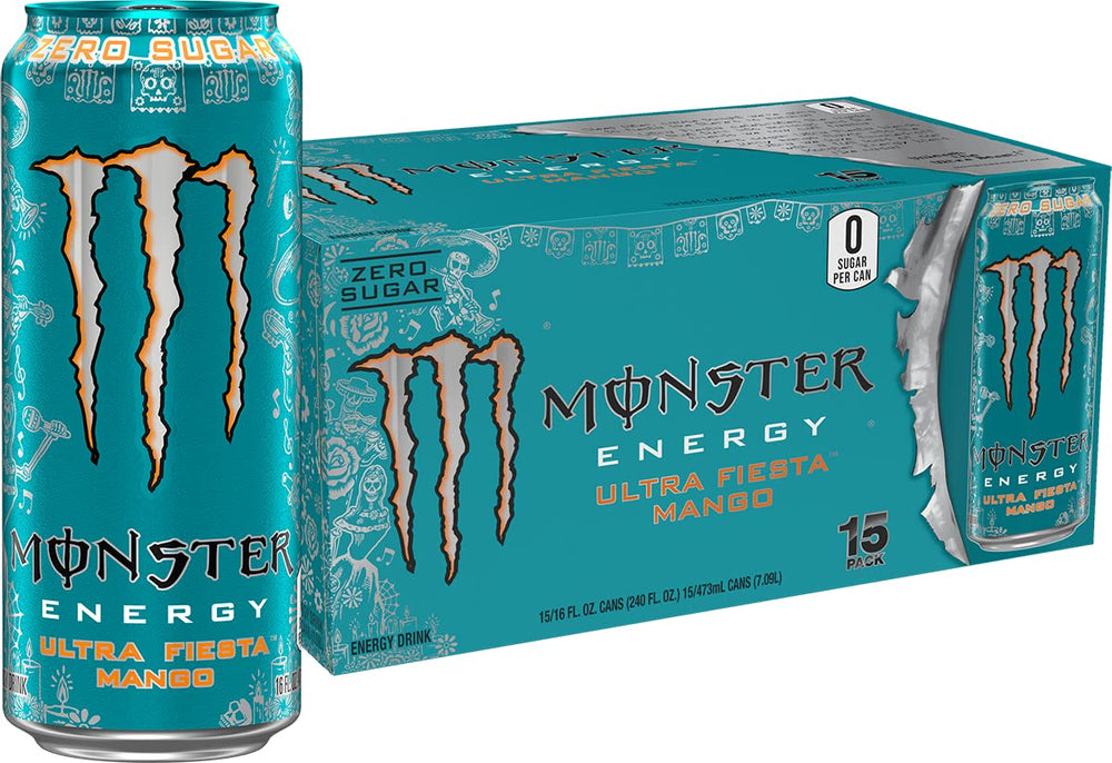 Monster Energy Ultra Fiesta Mango can front view, zero sugar and full flavor.