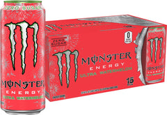 Monster Energy Ultra Watermelon can front view emphasizing zero sugar and bold flavor.