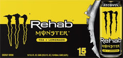 Closeup of Monster Rehab Tea Lemonade bottle highlighting the energized refreshment.