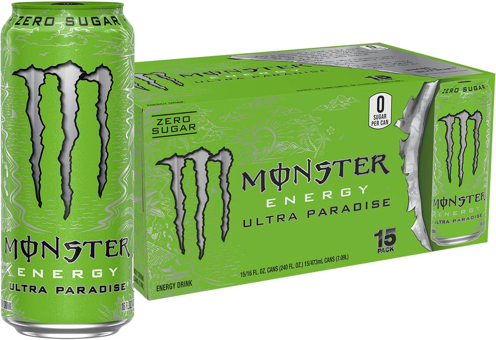 Monster Ultra Paradise bottle front view, sugar-free and crisp tropical flavor.