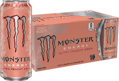 Monster Ultra Peachy Keen can front view, zero sugar and refreshing peach flavor.