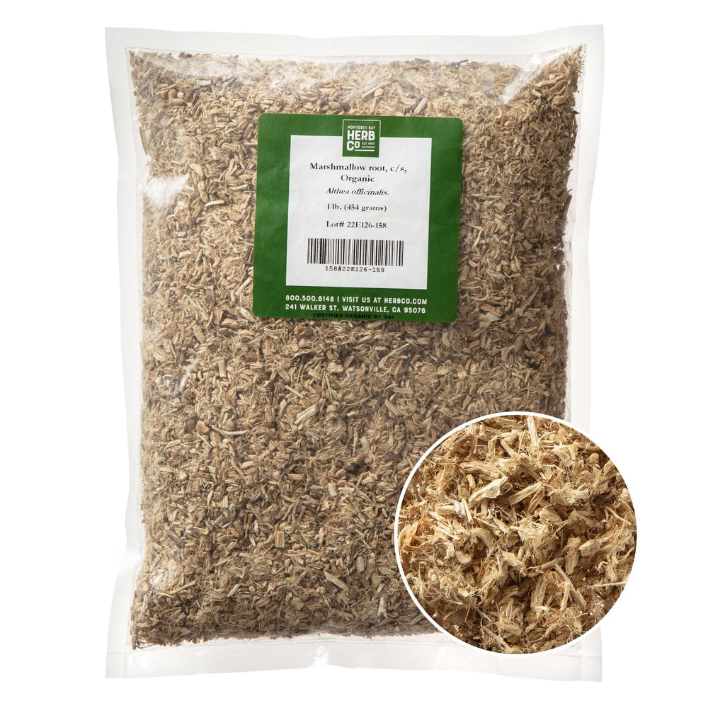 Monterey Bay Herb Co organic marshmallow root tea blend with woody, subtly sweet notes.
