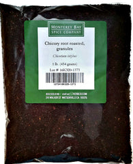 MONTEREY BAY HERB CO roasted chicory root bag for bold, caffeine-free beverages.
