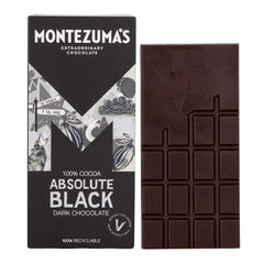 Montezuma Absolute Black 100% Cocoa bars, dairy-free and sugar-free, ideal for low-carb indulgence.