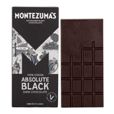Montezuma Absolute Black 100% Cocoa pack close-up, showcasing pure cocoa intensity for keto snacking.