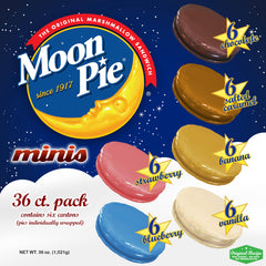 Moon Pie Minis 36-pack variety box front, perfect for on-the-go sharing.