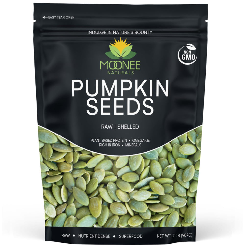 Moonee Naturals pumpkin seeds packaging with non-GMO label for pantry staple.