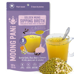 Moong Pani Golden Mung Broth jar – convenient vegan broth base for quick meals.