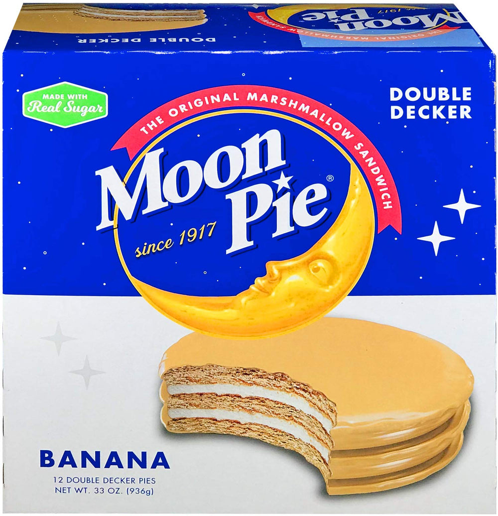 MoonPie Double Decker Banana pack front view for on-the-go snacking.