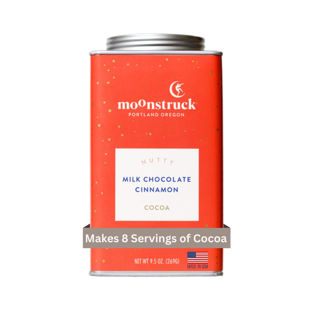 Moonstruck chocolate cinnamon almond hot cocoa tin ready to brew a comforting cup.