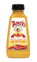 Morehouse Tapatio spicy yellow mustard bottle pour highlights bold, zesty flavor