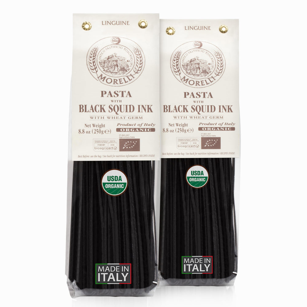 Morelli squid ink pasta linguine pack showing dramatic black color ideal for sauces