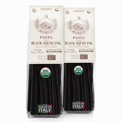 Morelli squid ink pasta linguine pack showing dramatic black color ideal for sauces