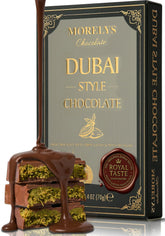 Morelys Dubai-style chocolate pistachio knafeh bar on a premium surface, gourmet dessert experience.