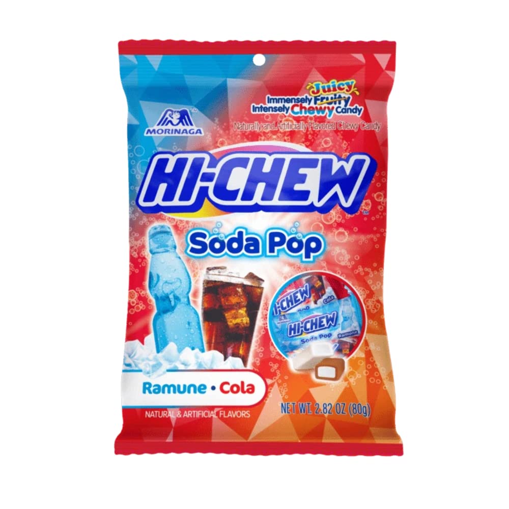 Morinaga Hi-Chew soda pop mix with Ramune and Cola flavors, ideal for on-the-go snacking.