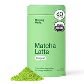 Morning Made original matcha tin closeup highlighting premium packaging and freshness