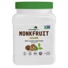 Morning Pep monk fruit sweetener bottle shown for 1:1 sugar replacement in baking
