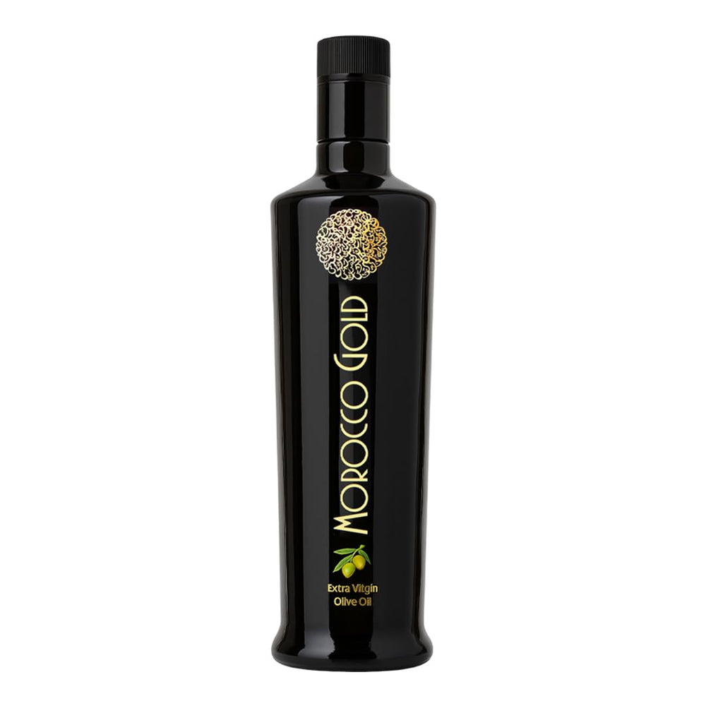 Morocco Gold Early Harvest EVOO bottle close-up highlighting rich polyphenols and premium flavor.