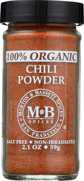 Morton and Bassett chili powder jar front highlights premium organic blend for vibrant Tex-Mex flavor.