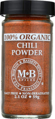 Morton and Bassett chili powder jar front highlights premium organic blend for vibrant Tex-Mex flavor.