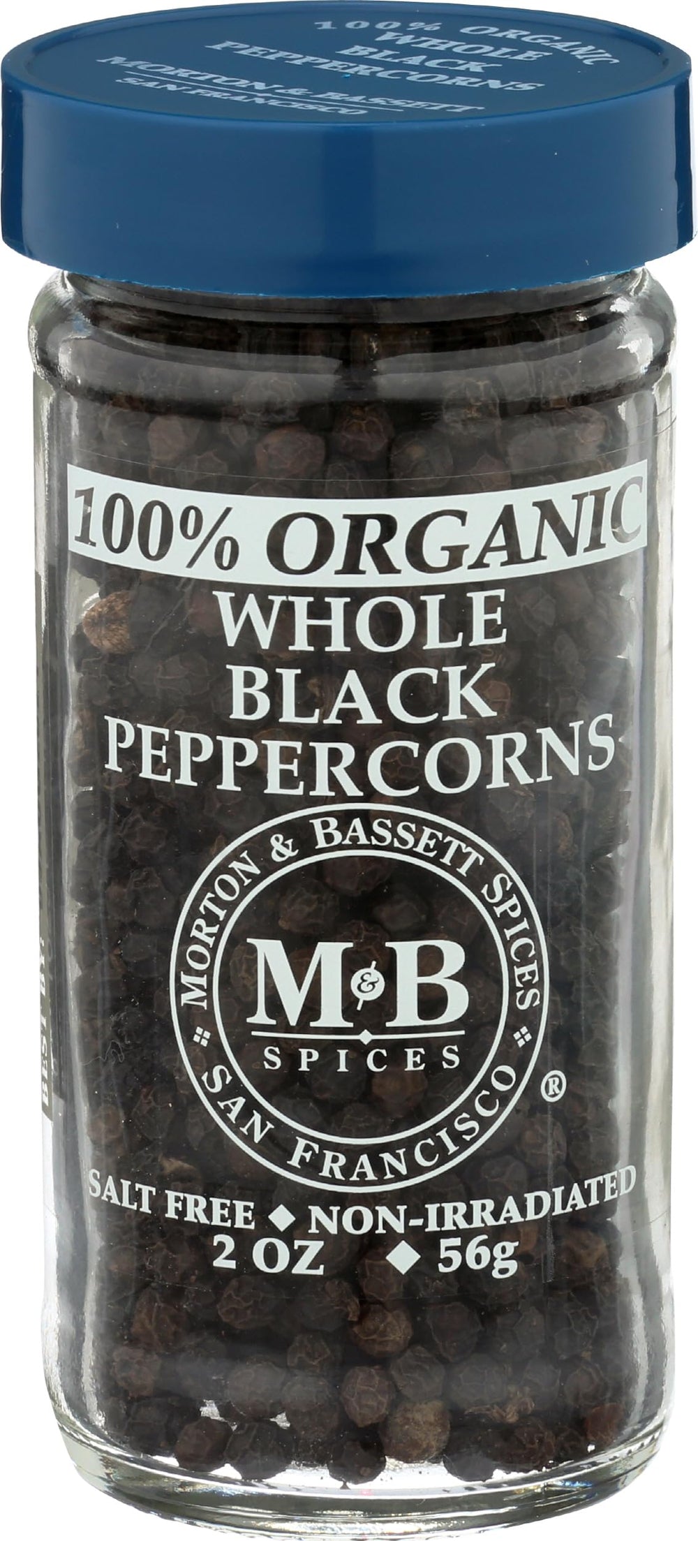 Morton & Bassett whole black peppercorns in a jar for fresh grinding.