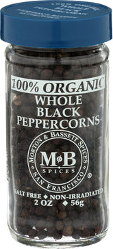 Morton & Bassett whole black peppercorns in a jar for fresh grinding.